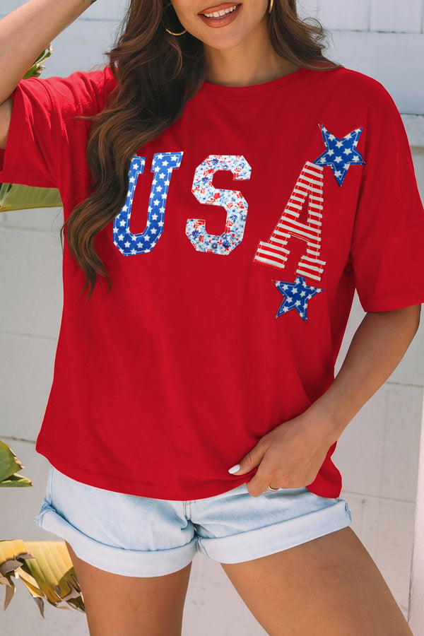 Fiery Red Patriotic USA Slogan Patch Embroidery Short Sleeve T Shirt