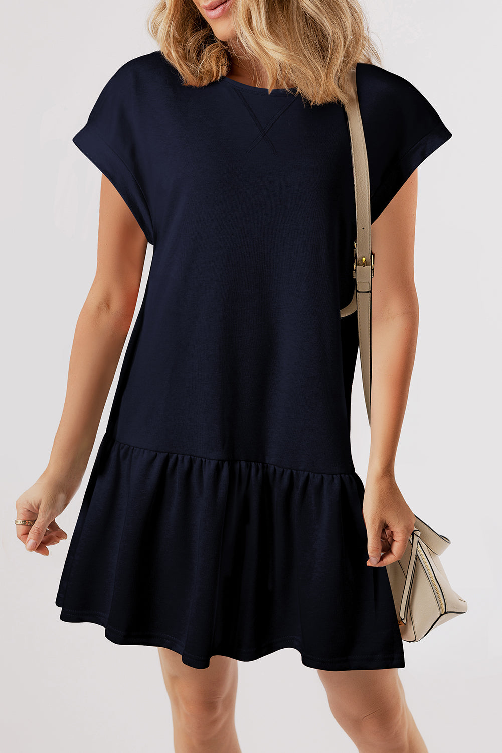 Robe femme à volants, casual, uni — bleu marine