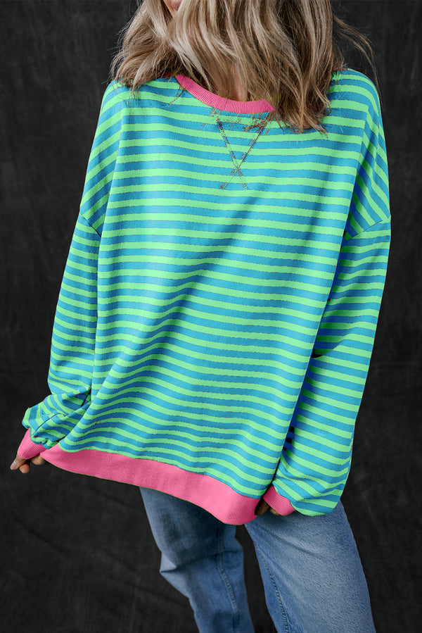 Sweat femme rayé, oversized, bordure contrastée — bleu ciel