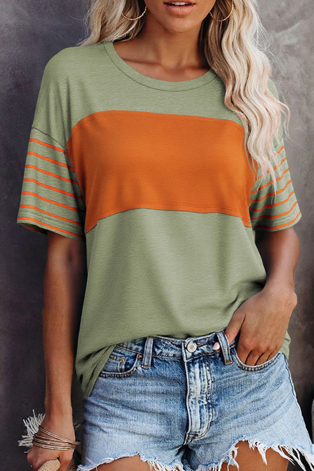 Tan Color Block Striped Detail Loose T Shirt