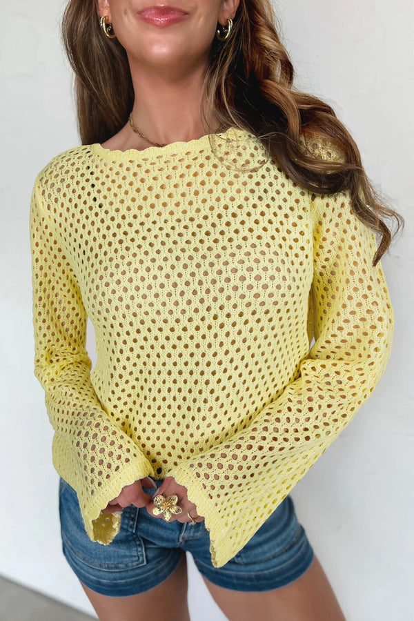 Haut femme en maille, manches longues, festonné — jaune