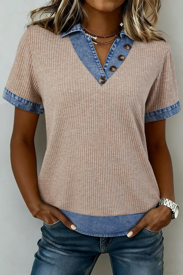 Beige Ribbed Knit Denim Color Block Patchwork Button Detail Collared Blouse femme · LC25136448-P15 · LC25136448-P15-L
