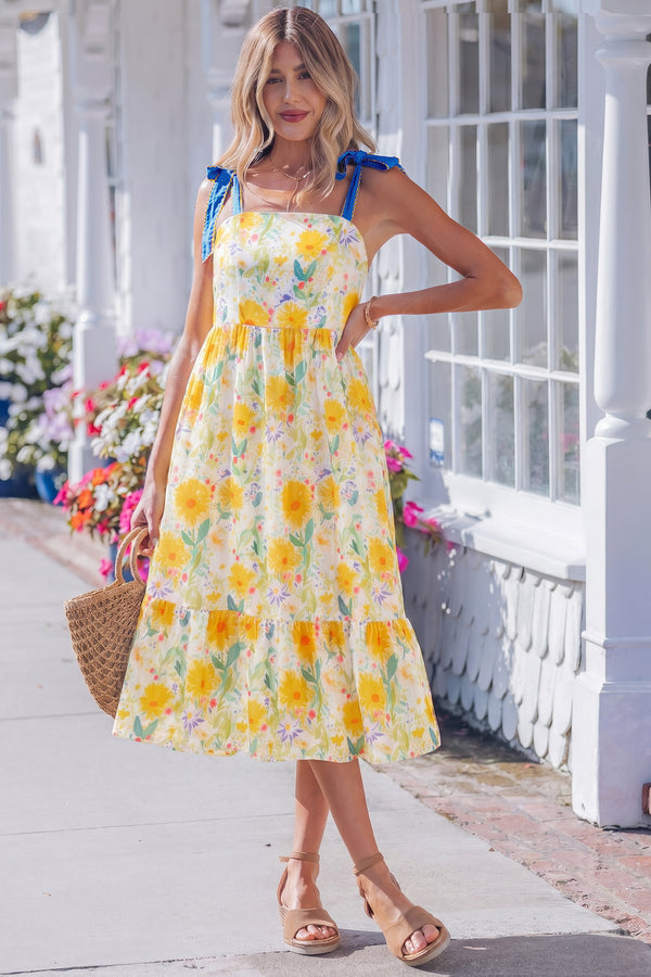 Robe floral, bretelles, taille haute — jaune