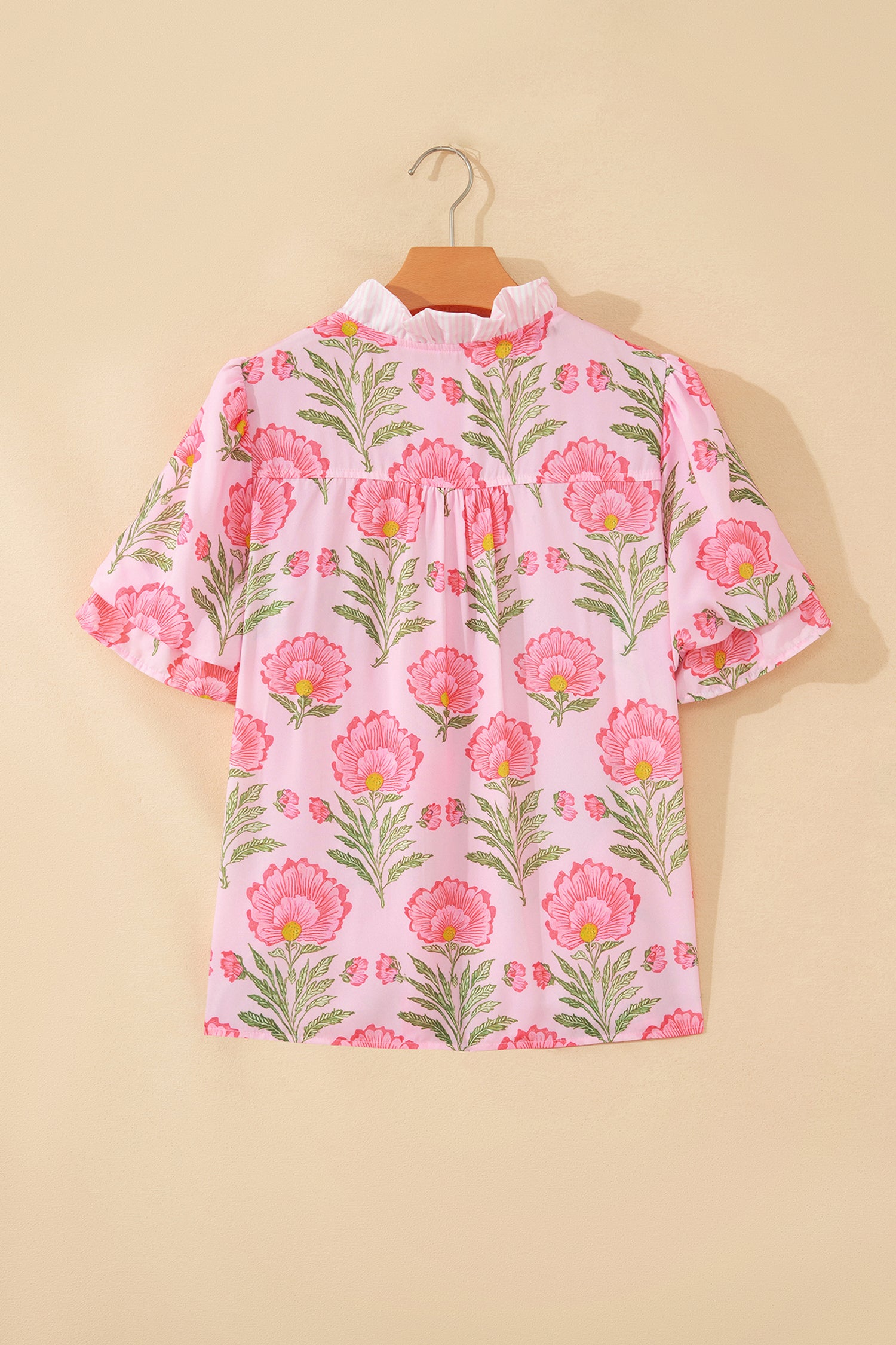 Pink Sweet Blooms Ruffle Striped Trim Puff Sleeve Shirt