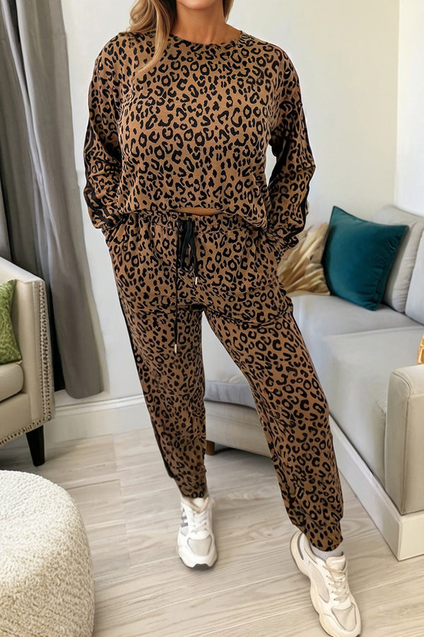 Pantalon femme léopard, rayé, à cordon, manches longues — marron