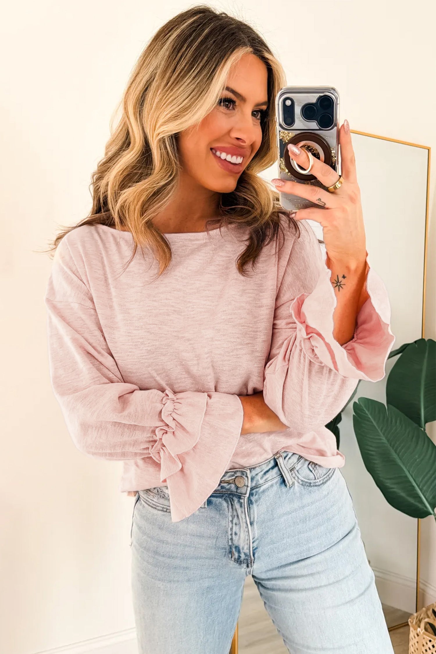 Gossamer Pink Long Sleeve Ruffle Cuff Casual Elegant Top