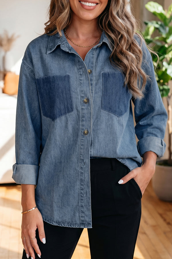 Chemise femme boutonnée, poches, casual, denim, colorblock — bleu ciel · LC7821758-P420 · LC7821758-P420-L