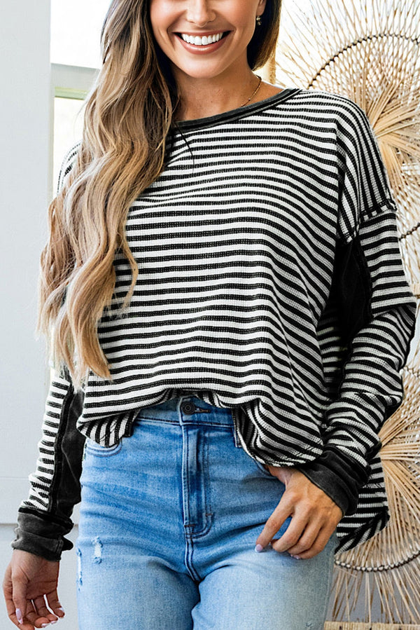 Haut femme rayé, en maille, épaules tombantes, casual — noir