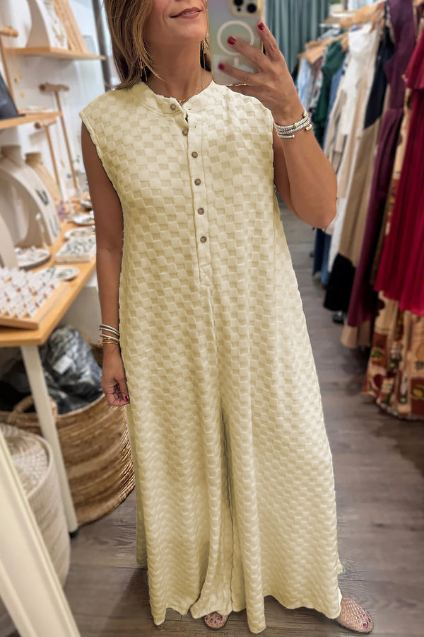Combinaison femme boutonnée, demi-boutonnage, sans manches, jambe large — blanc