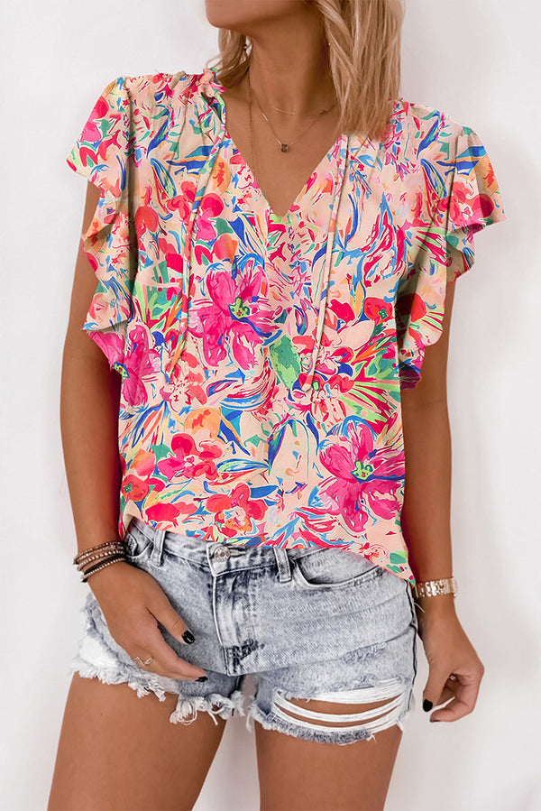 Blouse femme floral, à volants, col V — multicolore