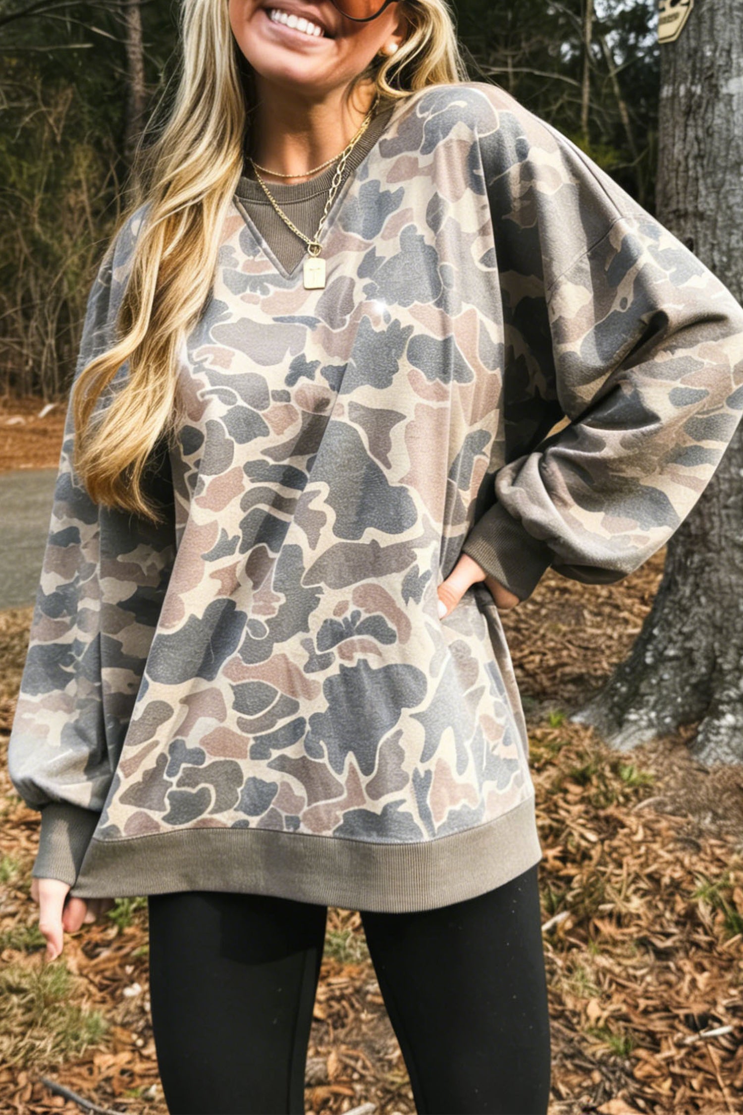 Multicolour Camo Print Ribbed Trim Casual Pullover Sweatshirt