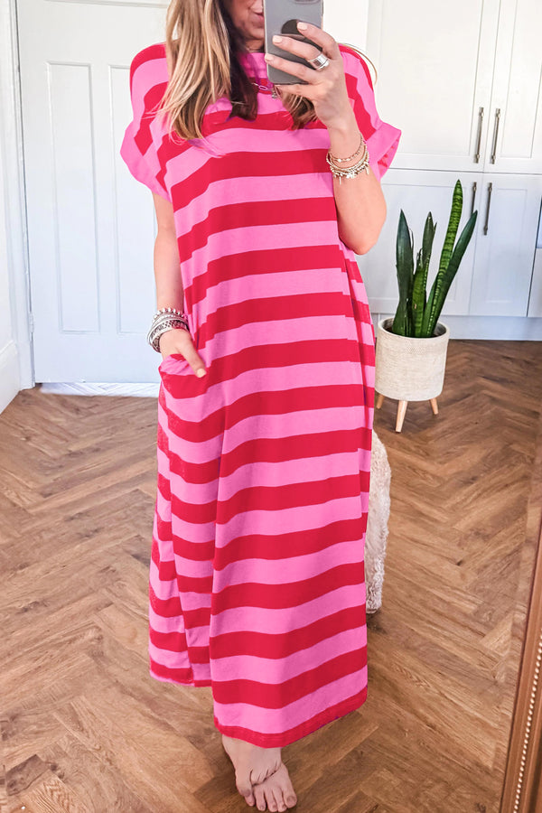 Rose Stripe Cuffed Short Sleeve Pocketed Casual T Shirt Long Dress