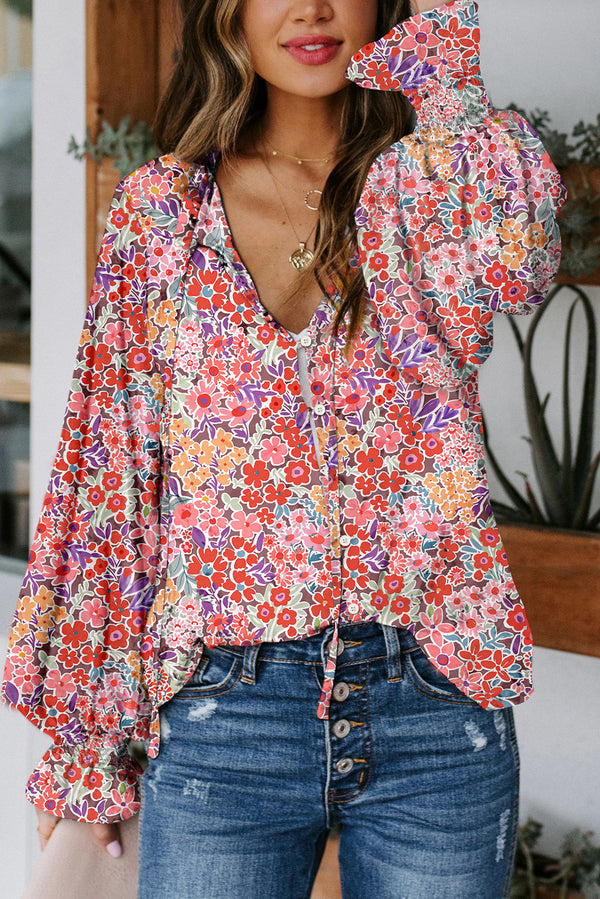 Blouse floral, smocké — rouge feu