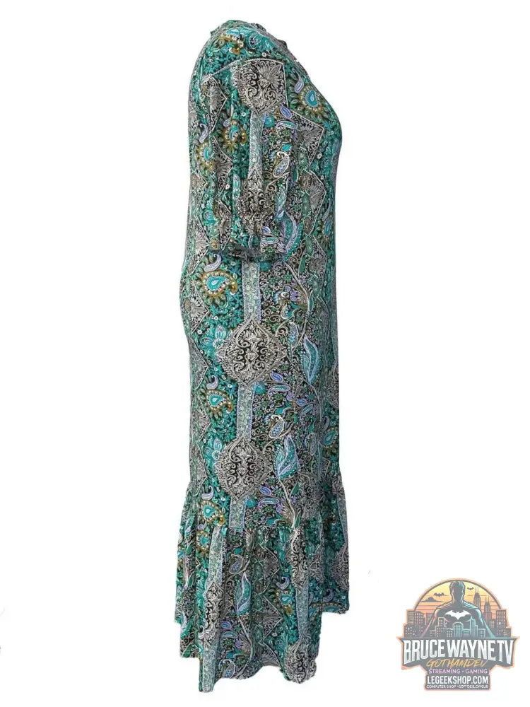 Robe Midi Plus Size en Imprimé Paisley Boho avec Volants, élégante et confortable, vue de profil