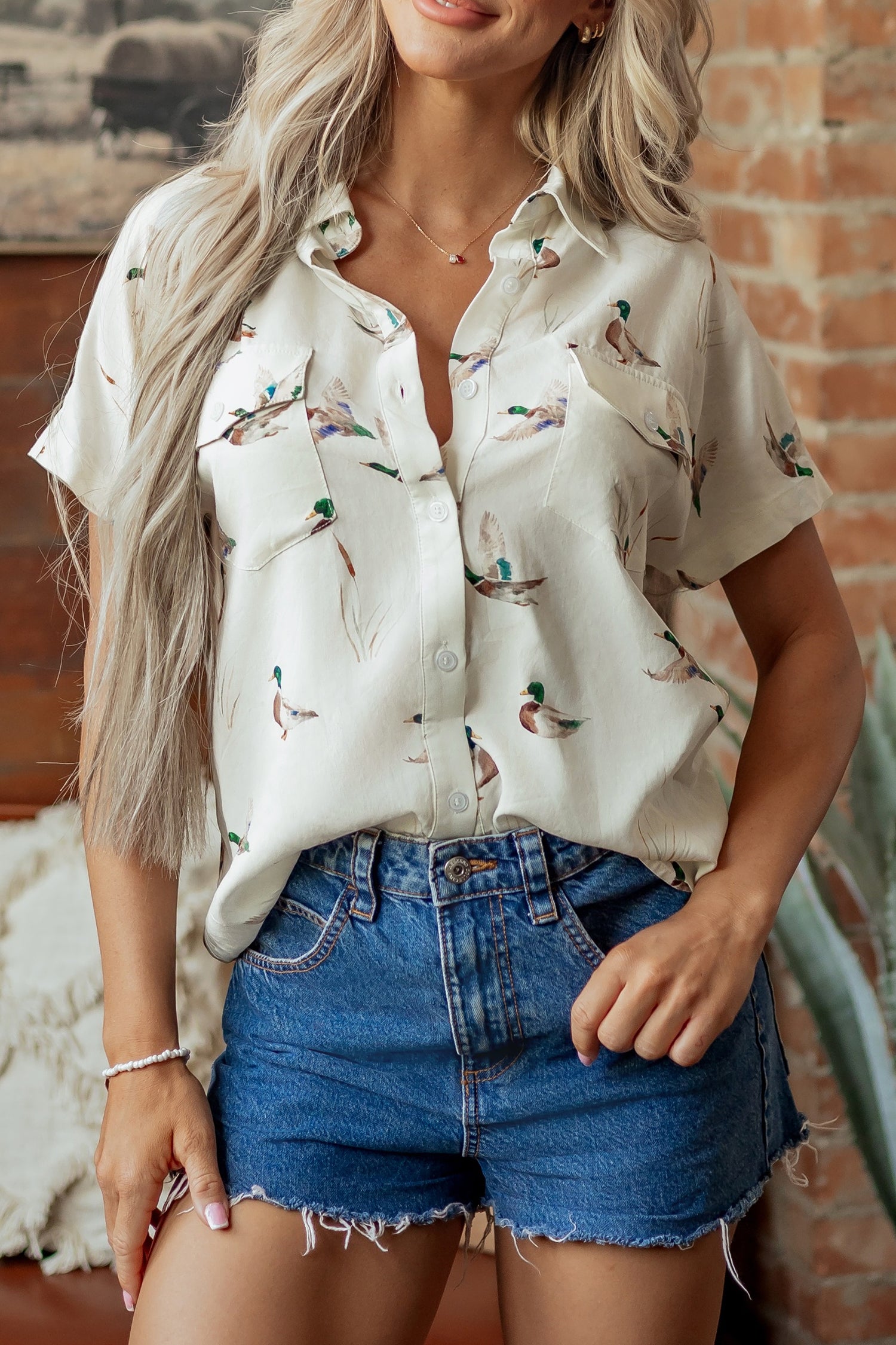 White Mallard Printed Button Flap Pocket Short Sleeve Shirt