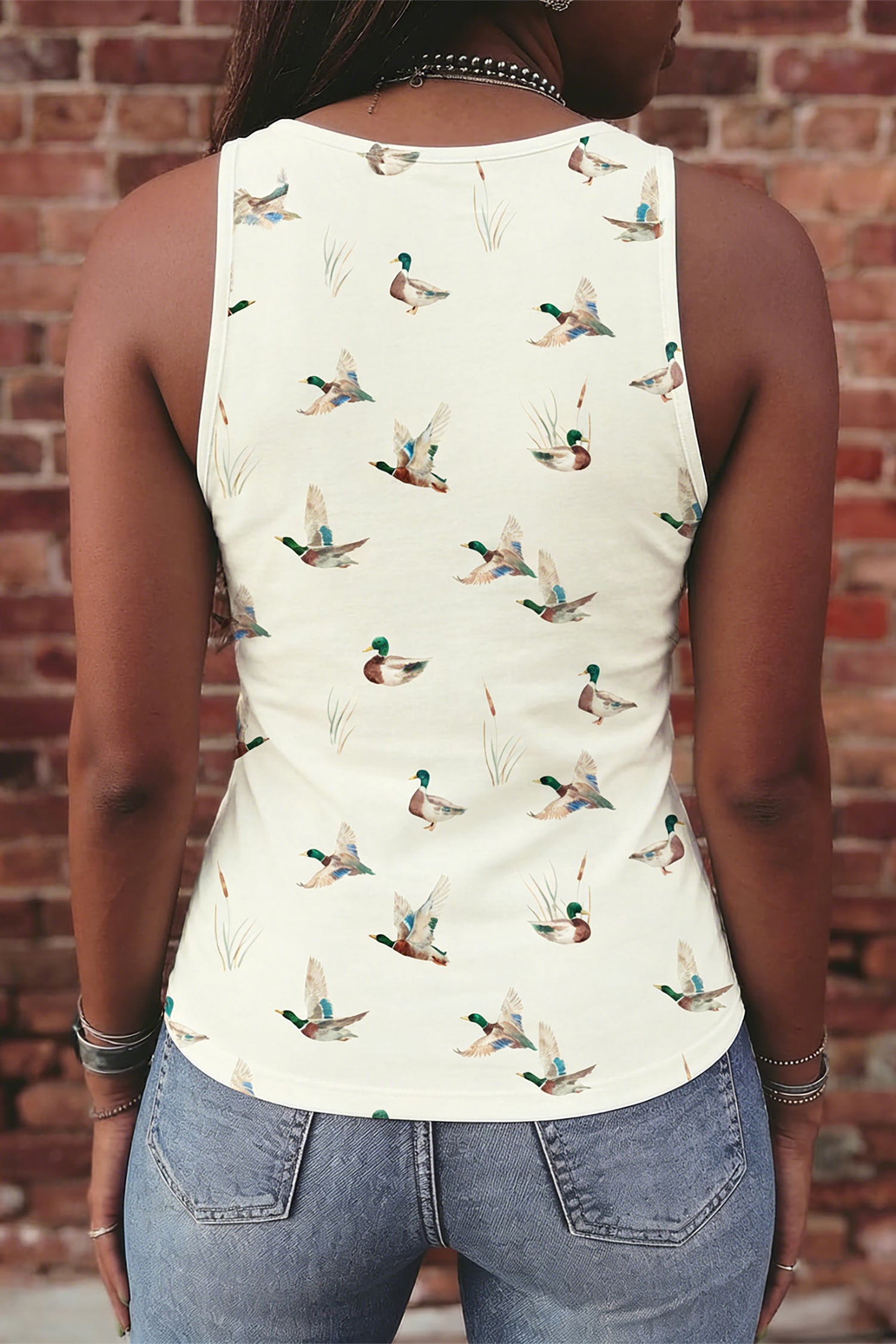 Beige Mallard Print Western Style Tank Top