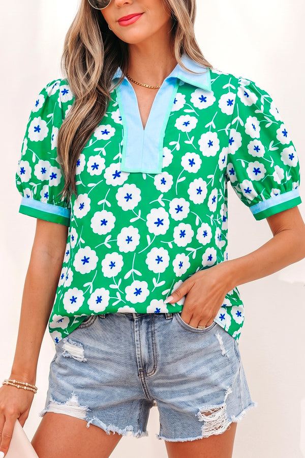 Green Flower Printed Contrast Patchwork Collar Short Sleeve Blouse