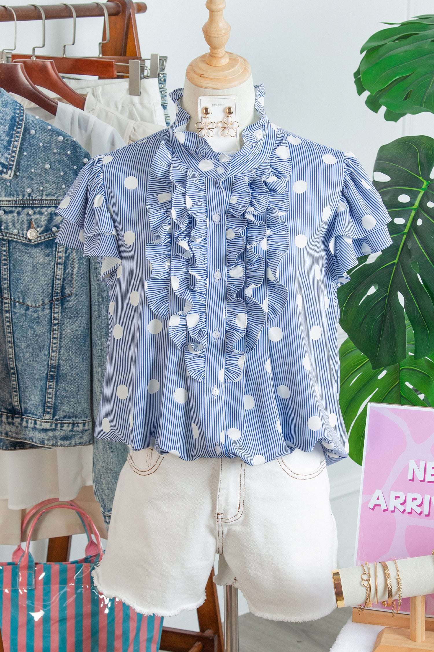 Sky Blue Stripe Contrast Polka Dot Print Pleated Ruffle Sleeve Shirt