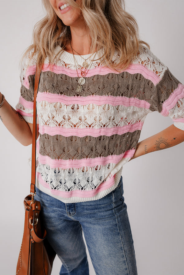 Pull femme rayé, manches 3/4, colorblock — marron · LC277343-P1719 · LC277343-P1719-L