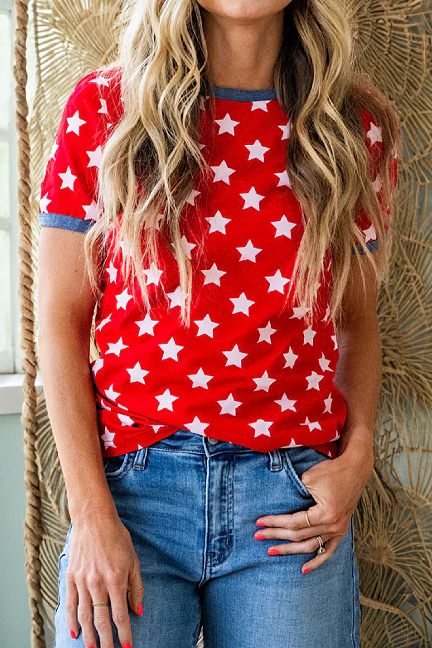 Red Stars Print Colorblock — Tops/Tops & Tees, vue 3, LeGeekShop