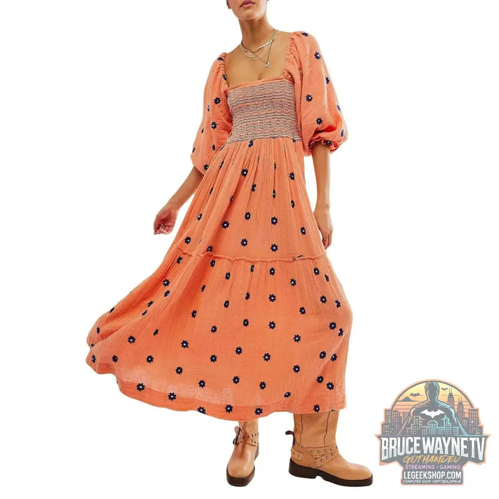 🌺 Robe longue à fleurs brodées 3D – Col carré & manches bouffantes - Legeekshop