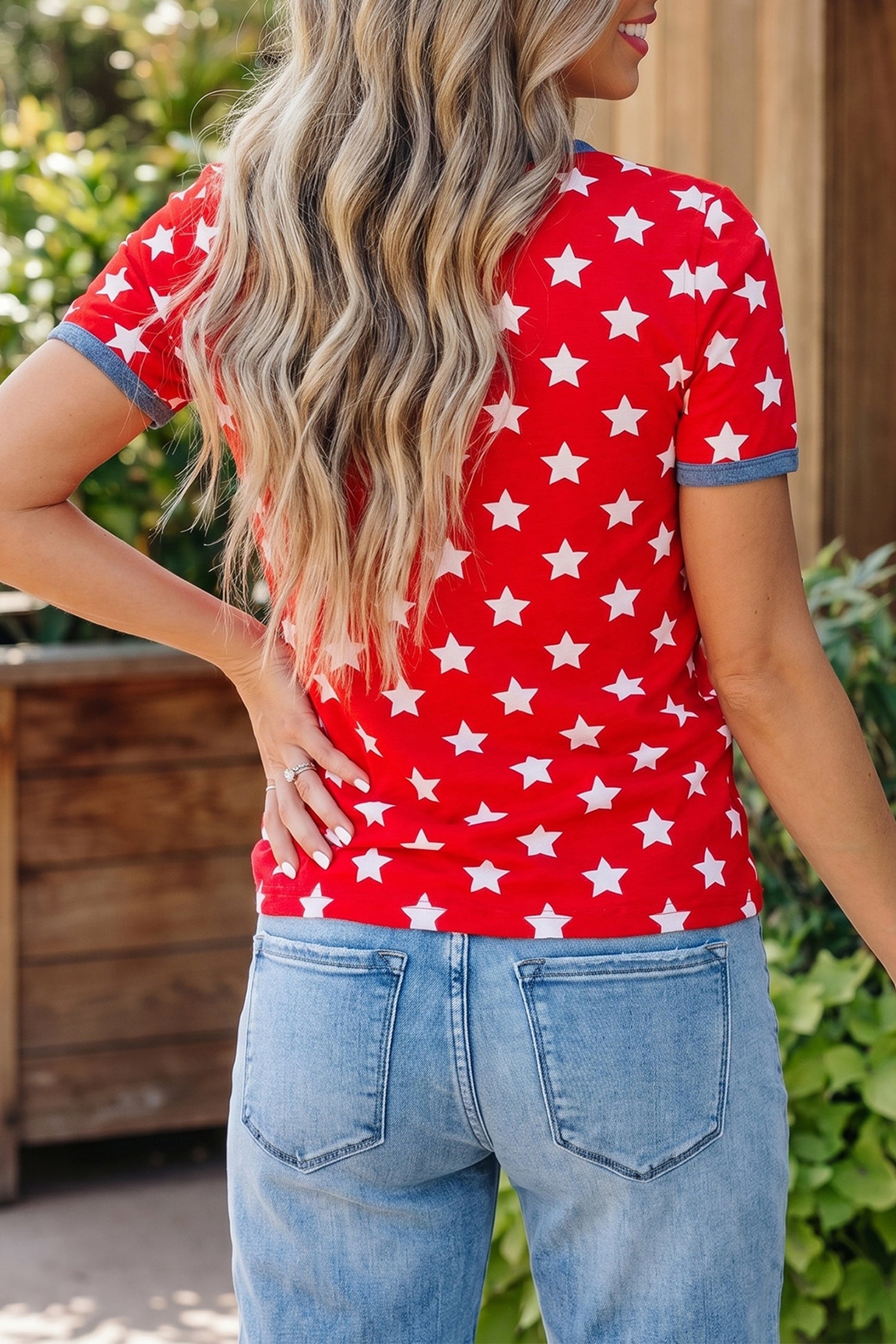 Red Stars Print Colorblock — Tops/Tops & Tees, vue 2, LeGeekShop
