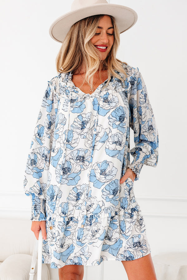 Robe courte femme floral, manches longues — bleu ciel