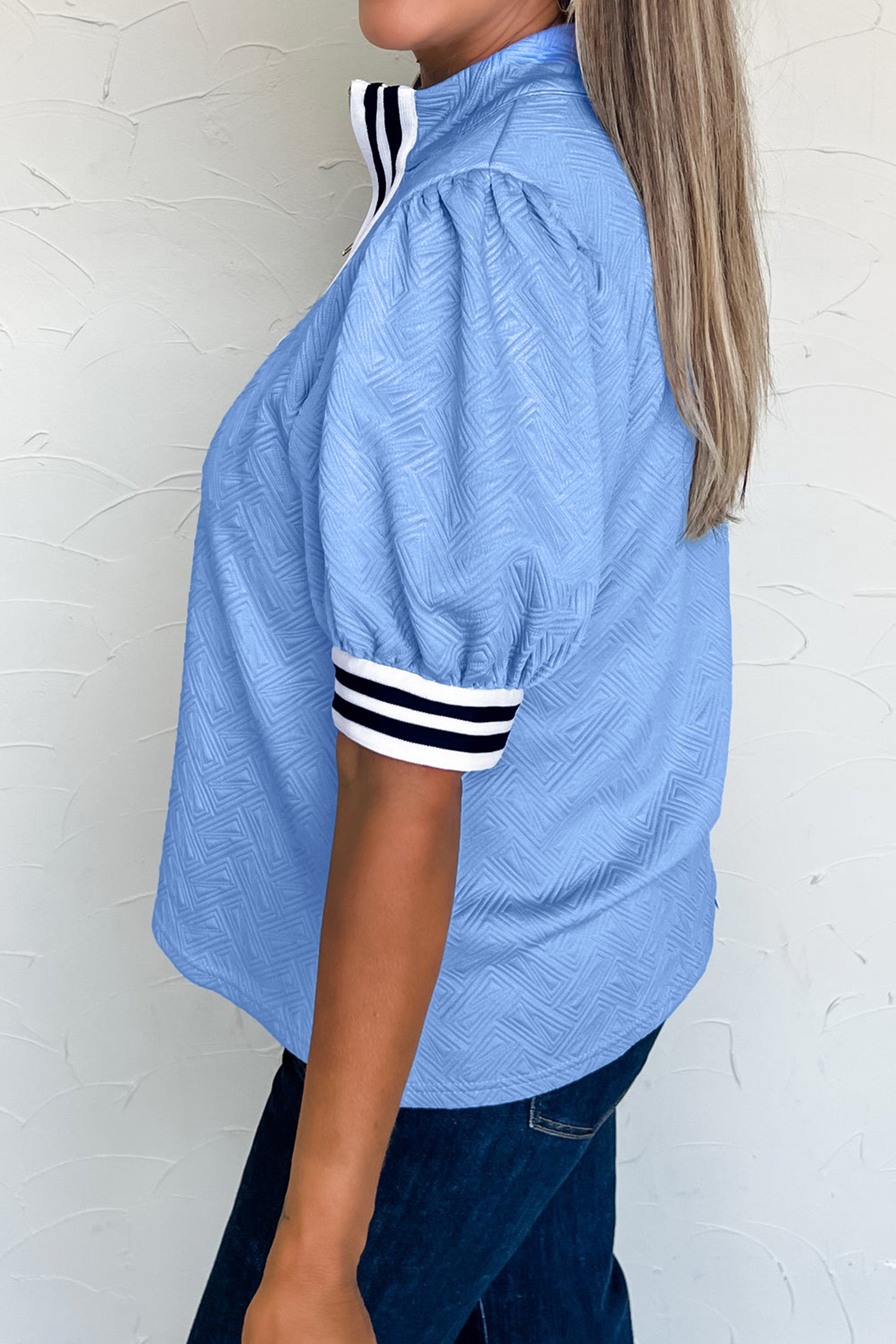 Myosotis Stylish Textured Stripe Trim Split Neck Puff Sleeve Top