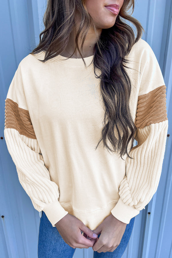 Sweat femme patchwork, manches longues, épaules tombantes — abricot