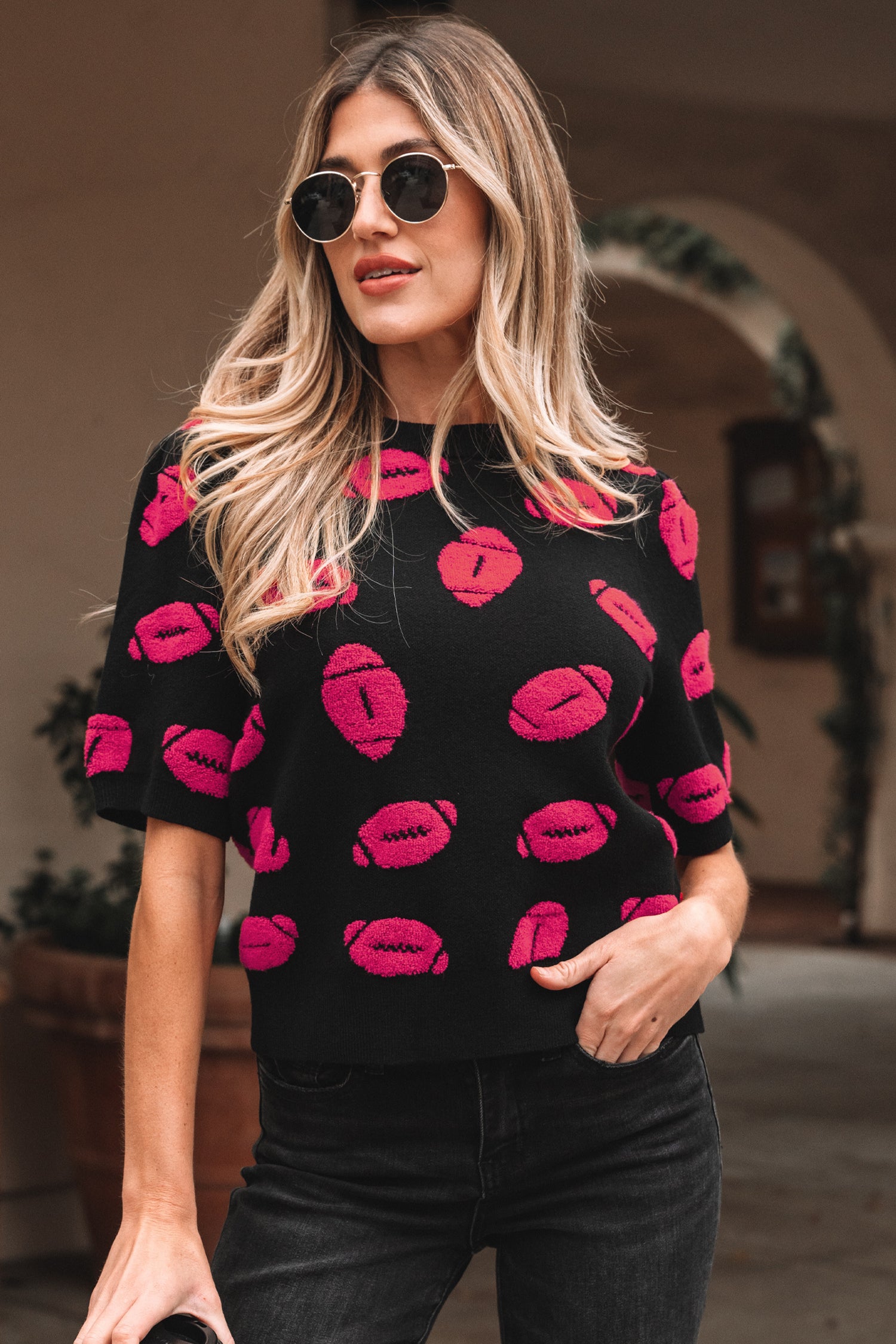 Pull femme en maille, manches courtes, casual — noir