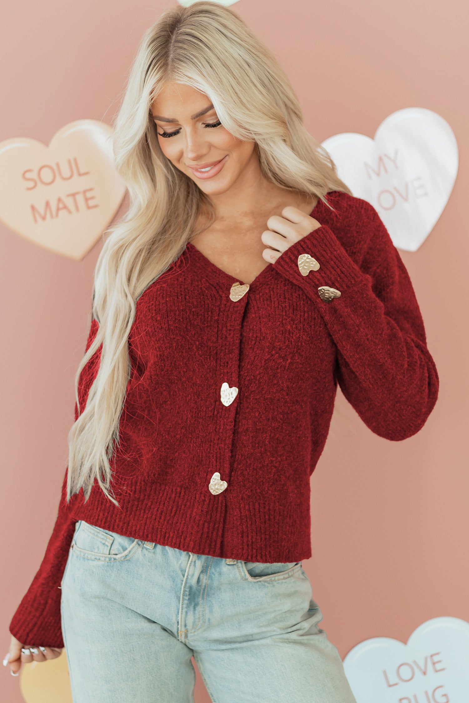 Cardigan femme boutonnée, col V — rouge feu