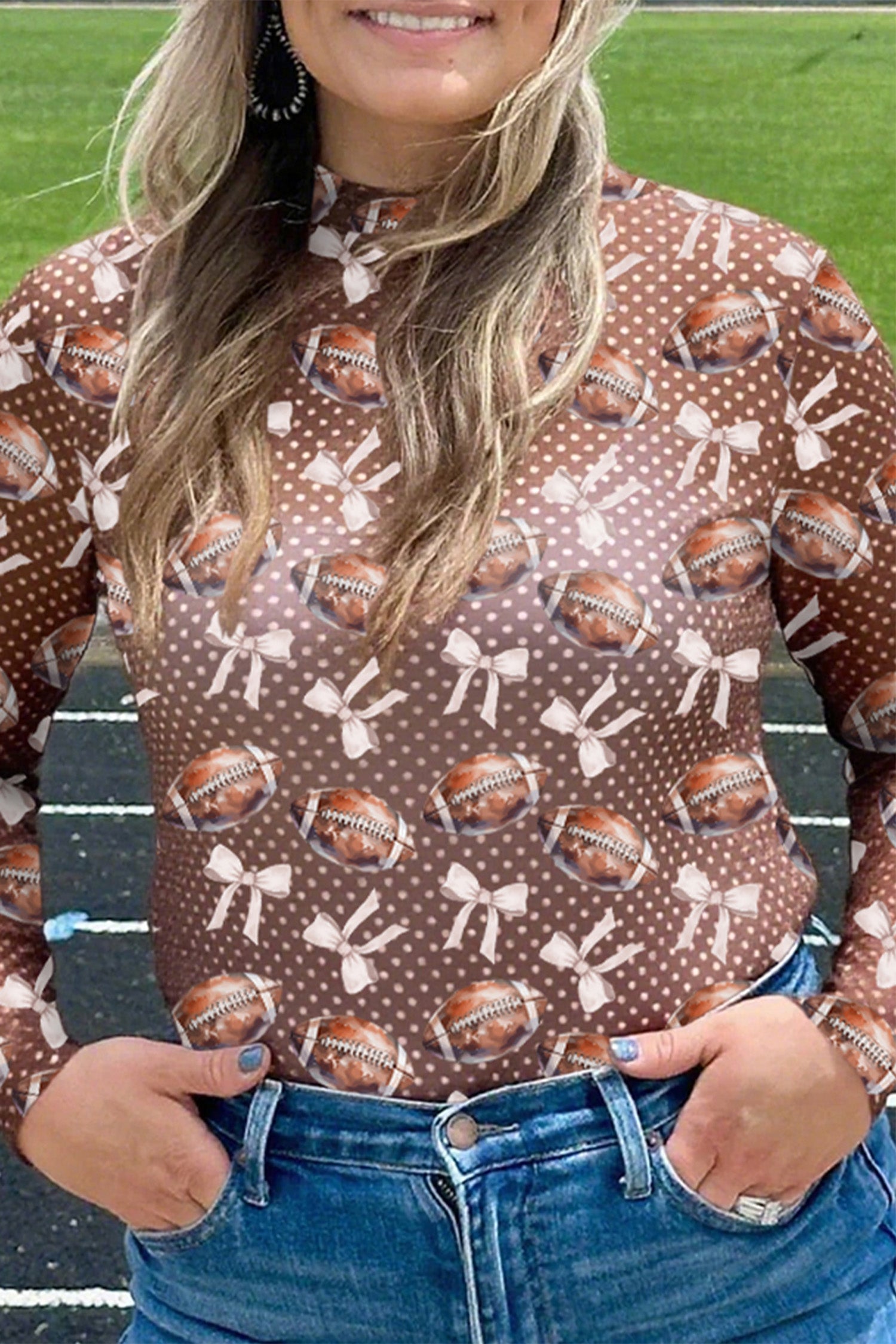 Brown Polka Dot Bow Football Print Long Sleeve Mesh Top