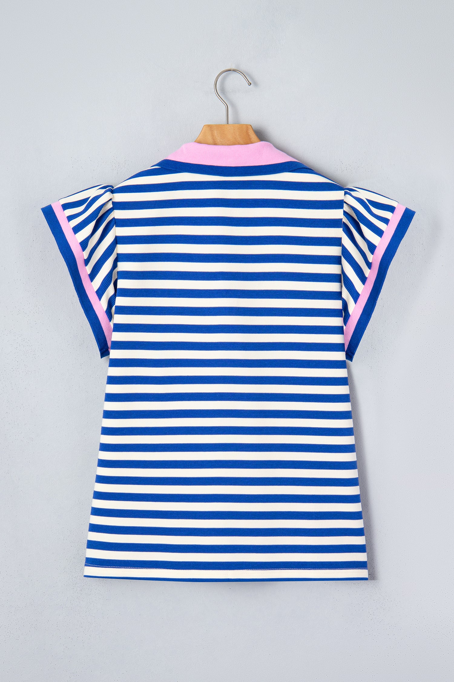 Blue Stripe Contrast Trim Polo Collar Ruffled Short Sleeve Blouse