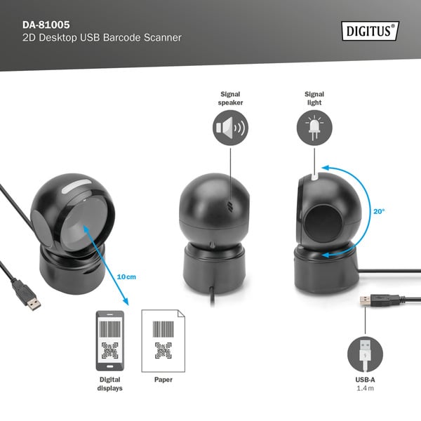 Digitus 1D 2D Desktop USB Barcode Scanner, Barcode-Scanner - Digitus - vue 5
