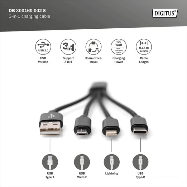 Digitus 3-in-1 câble de charge, USB-A 2.0 > Lightning + USB-C + Micro-USB - Digitus - vue 5