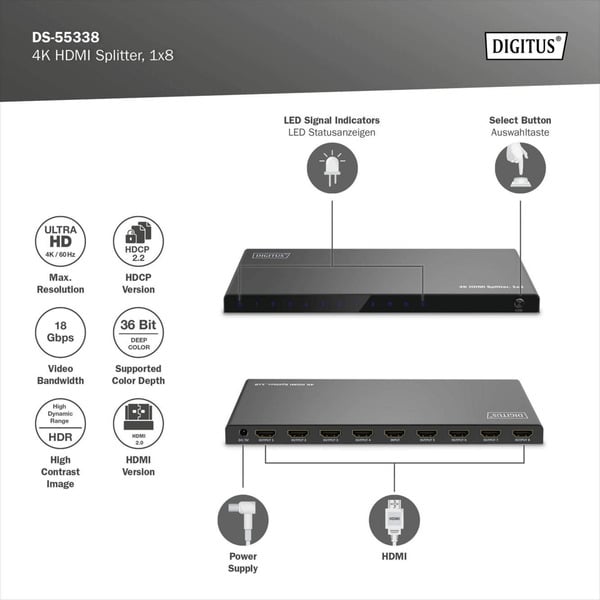 Digitus 4K HDMI Splitter, 1x8 - Digitus - vue 5