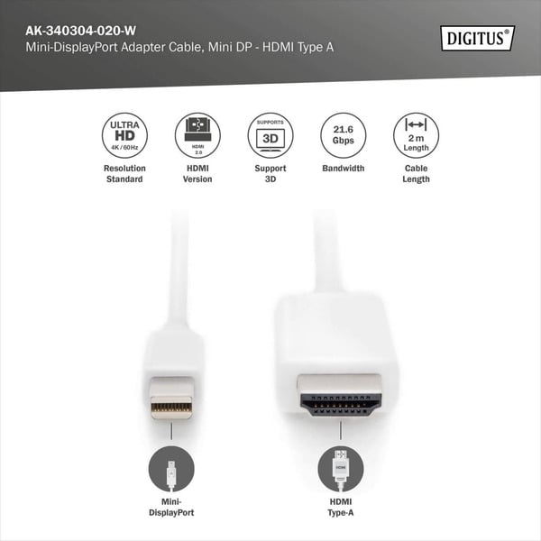 (€ 6,64 / 1 m) Digitus Adapterkabel mini DisplayPort > HDMI 4K - Digitus - vue 3