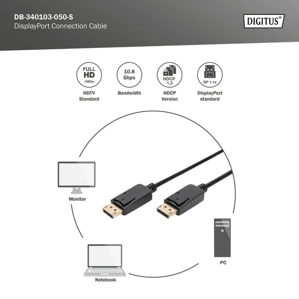 (€ 0,99 / 1 m) Digitus DisplayPort Anschlusskabel, Full HD 1080p - Digitus - vue 4