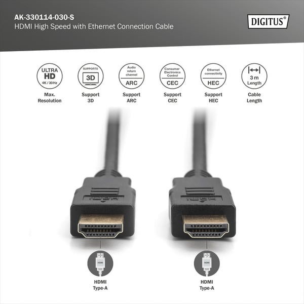 (€ 0,67 / 1 m) Digitus HDMI High Speed Anschlusskabel, avec Ethernet, Full HD 1080i/p - Digitus - vue 2