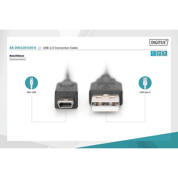Digitus USB 2.0 Anschlusskabel USB-A (Stecker) > Mini-USB (Stecker) - Digitus - vue 3