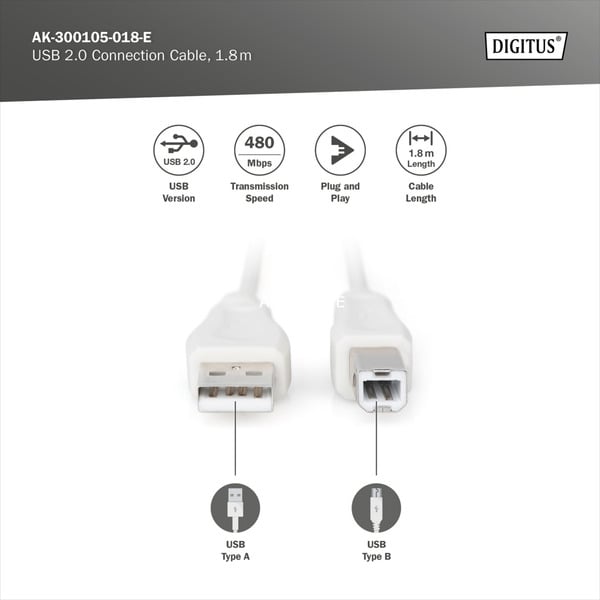 (€ 0,93 / 1 m) Digitus USB 2.0 Anschlusskabel USB-A (Stecker) > USB-B (Stecker) - Digitus - vue 5