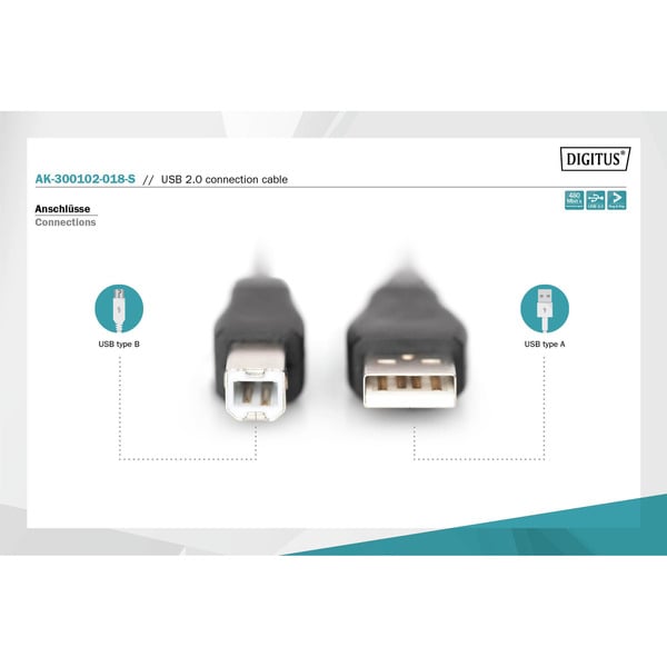 (€ 0,69 / 1 m) Digitus USB 2.0 Anschlusskabel USB-A (Stecker) > USB-B (Stecker) - Digitus - vue 3