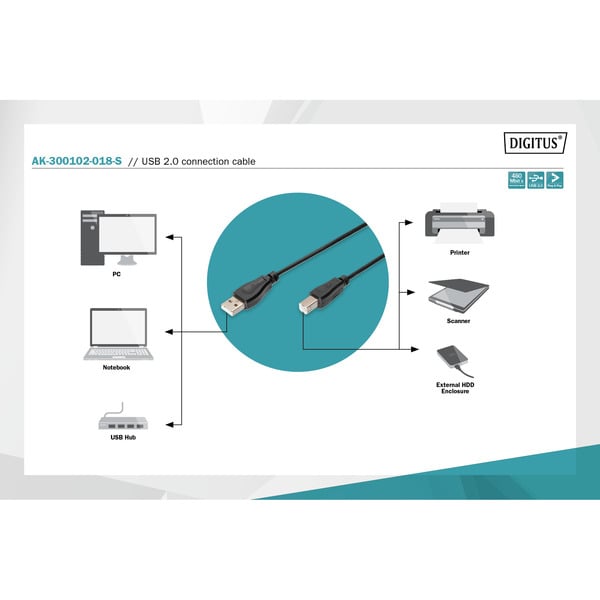 (€ 0,69 / 1 m) Digitus USB 2.0 Anschlusskabel USB-A (Stecker) > USB-B (Stecker) - Digitus - vue 4