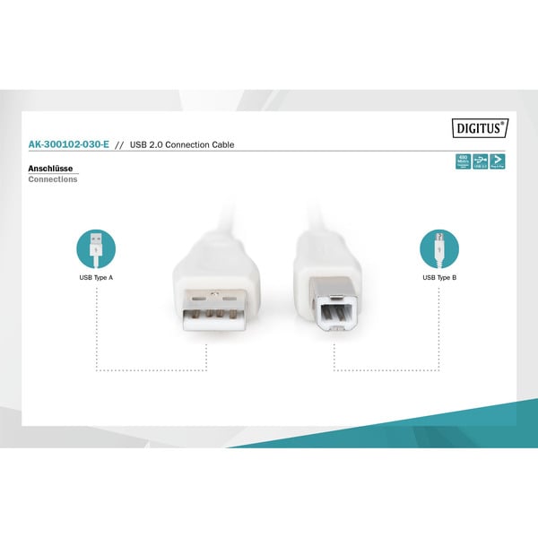(€ 0,64 / 1 m) Digitus USB 2.0 Anschlusskabel USB-A (Stecker) > USB-B (Stecker) - Digitus - vue 4