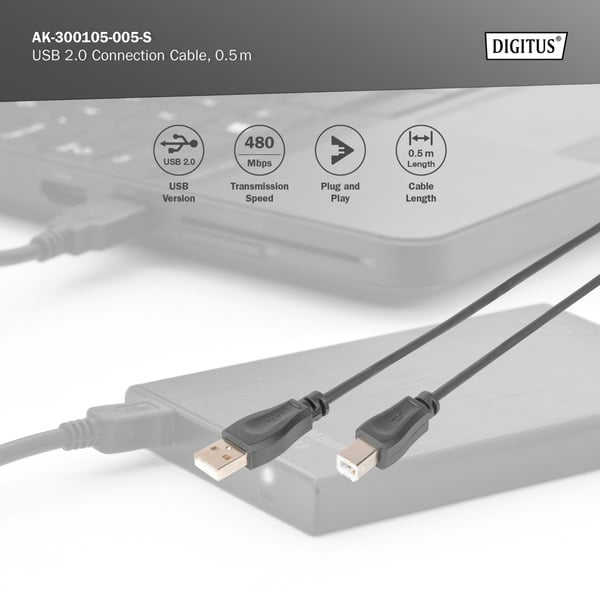 (€ 1,66 / 1 m) Digitus USB 2.0 Anschlusskabel USB-A (Stecker) > USB-B (Stecker) - Digitus - vue 5