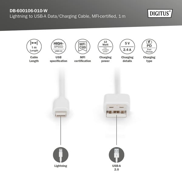 Digitus USB 2.0 Daten-/câble de charge USB-A > Lightning, MFI zertifiziert - Digitus - vue 4