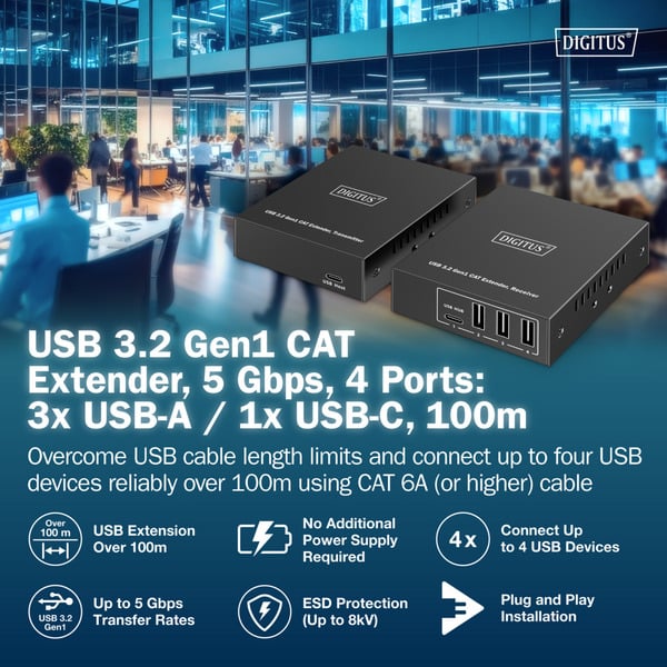 Digitus USB 3.2 Gen1 CAT Extender-Set, 5Gbps, 100 mètre, USB-Extender - Digitus - vue 8