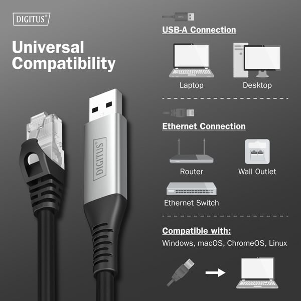 Digitus USB-A 3.2 Gen1 > RJ-45 Ethernet câble, 1Gbit/s, Adapter - Digitus - vue 8