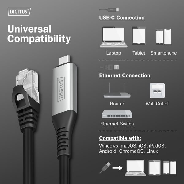 Digitus USB-C 3.2 Gen1 > RJ-45 Ethernet câble, 1Gbit/s, Adapter - Digitus - vue 5