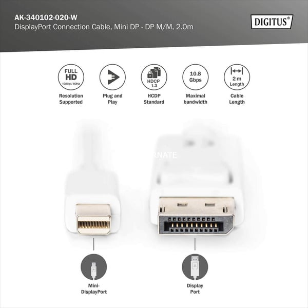 (€ 1,85 / 1 m) Digitus mini-DisplayPort > DisplayPort Anschlusskabel, Full HD 1080p - Digitus - vue 4
